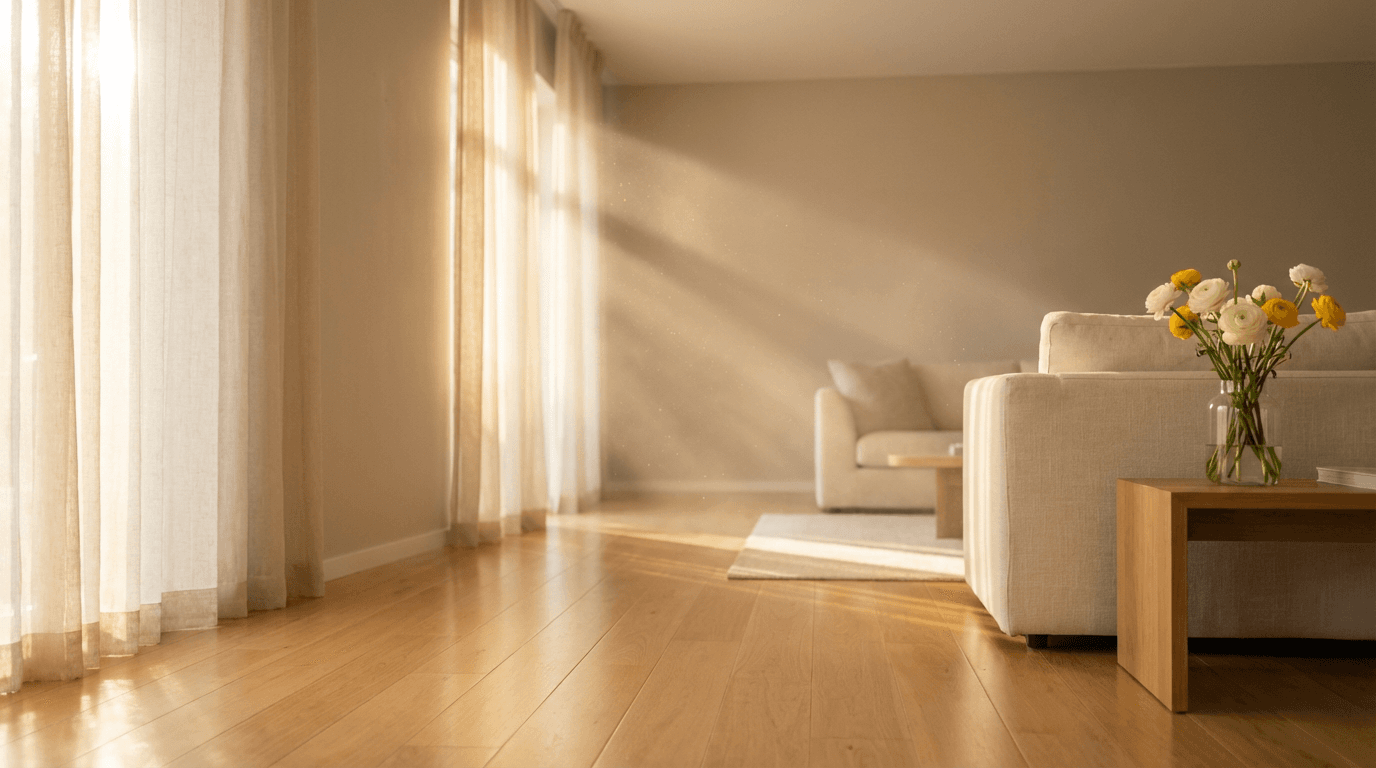 Bright modern living room with gleaming floors and neatly arranged furniture