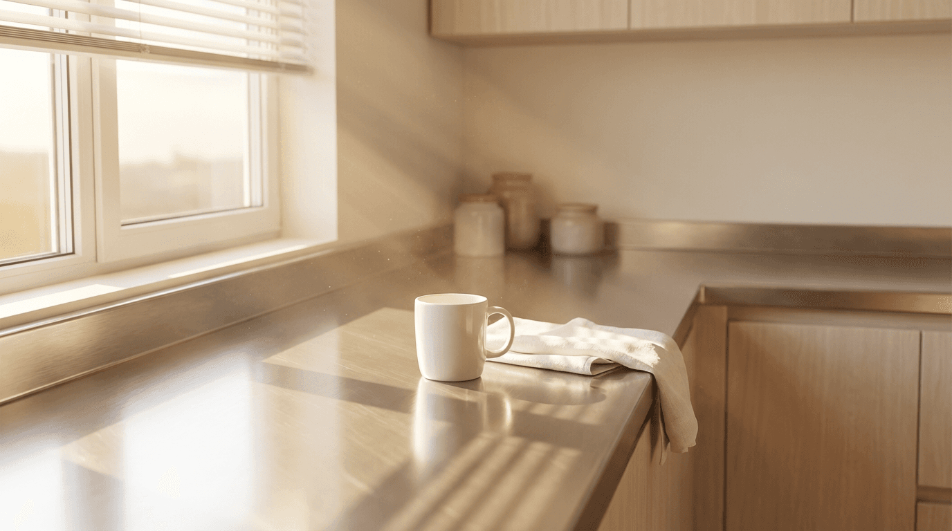 Bright kitchen with polished marble counters after a deep clean