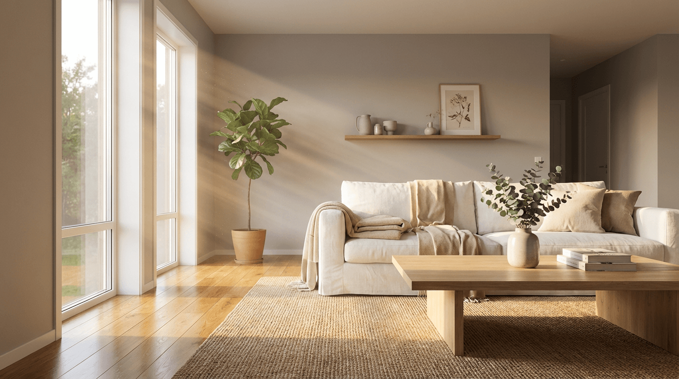 Bright, clean living room in a Toronto home with fresh sunlight and neat surfaces