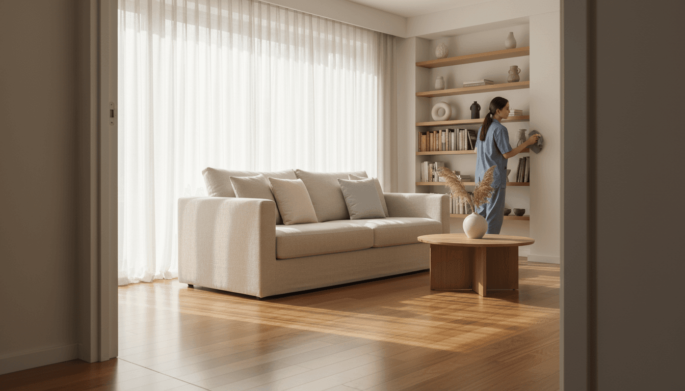 Inviting living room with fresh hardwood floors and fluffed cushions