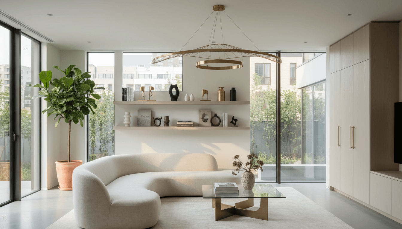 Bright sunlit living room with gleaming hardwood floors and plush sofa