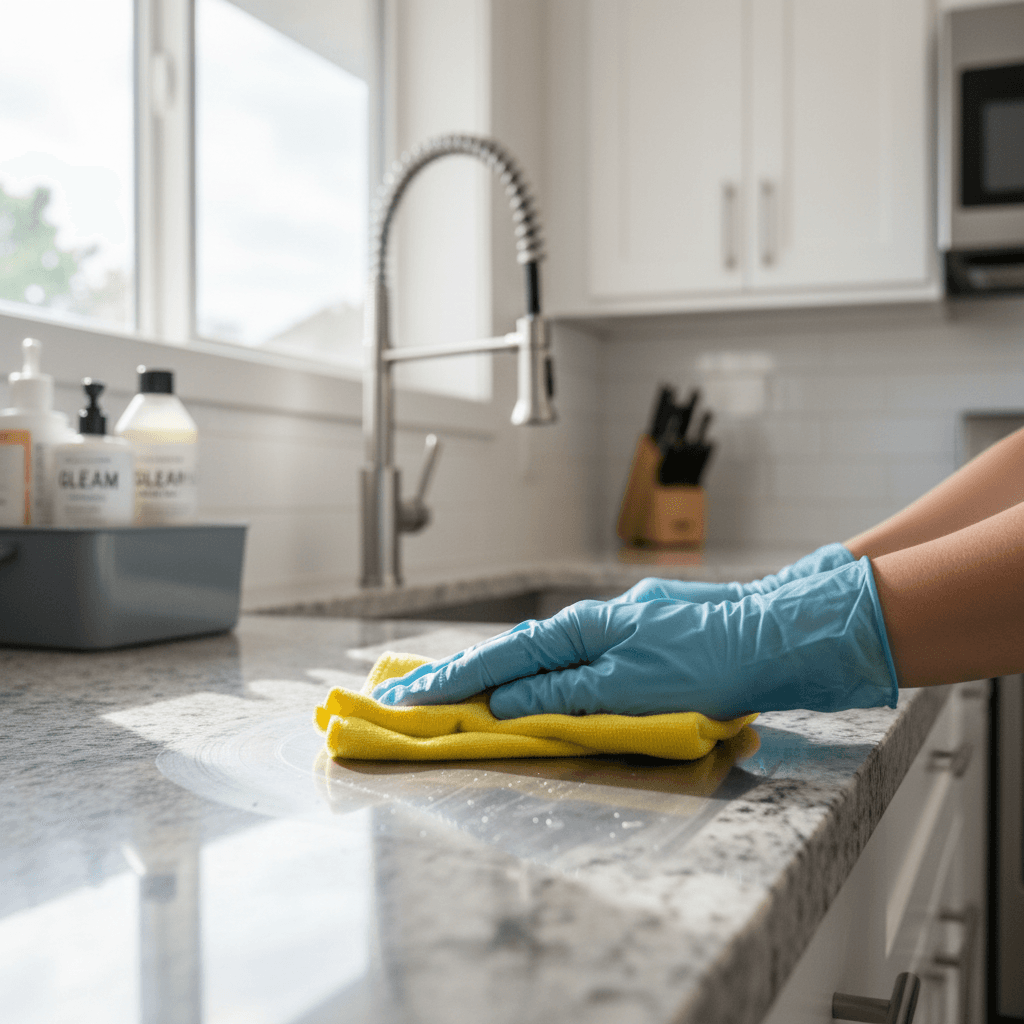 Streak-free granite counter and clean backsplash in a kitchen